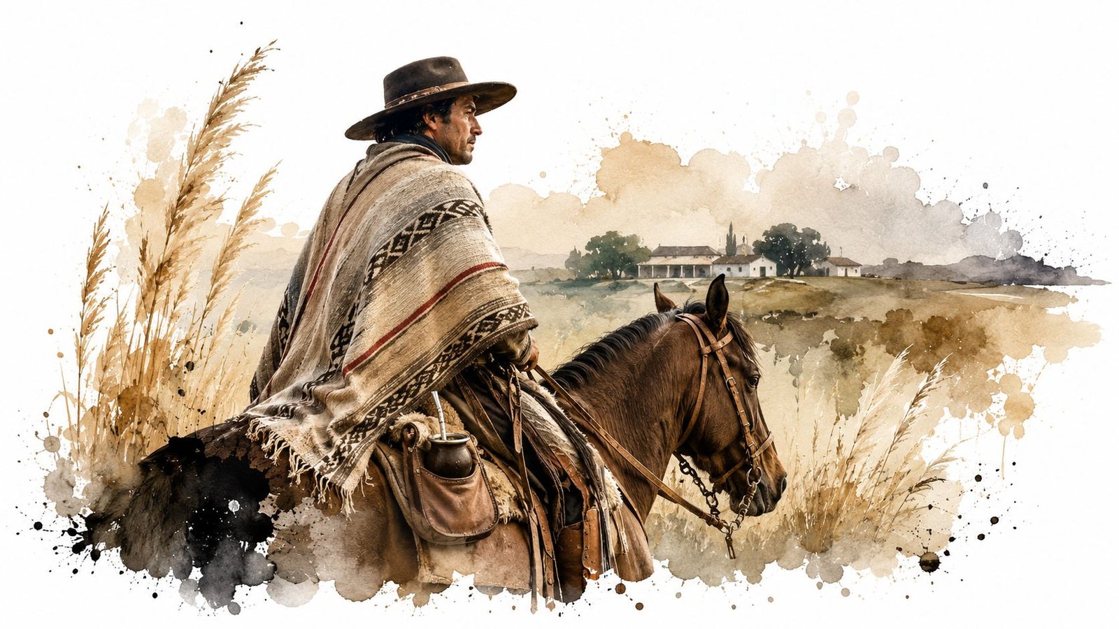 A gaucho riding a horse through the Pampas landscape near a traditional estancia in Argentina.