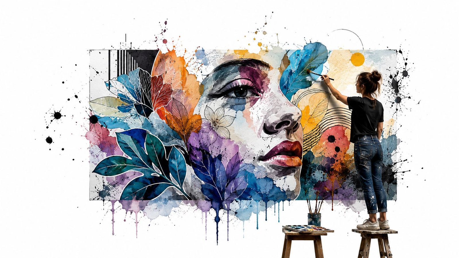 An artist painting a colorful watercolor mural of a woman face surrounded by vibrant floral elements
