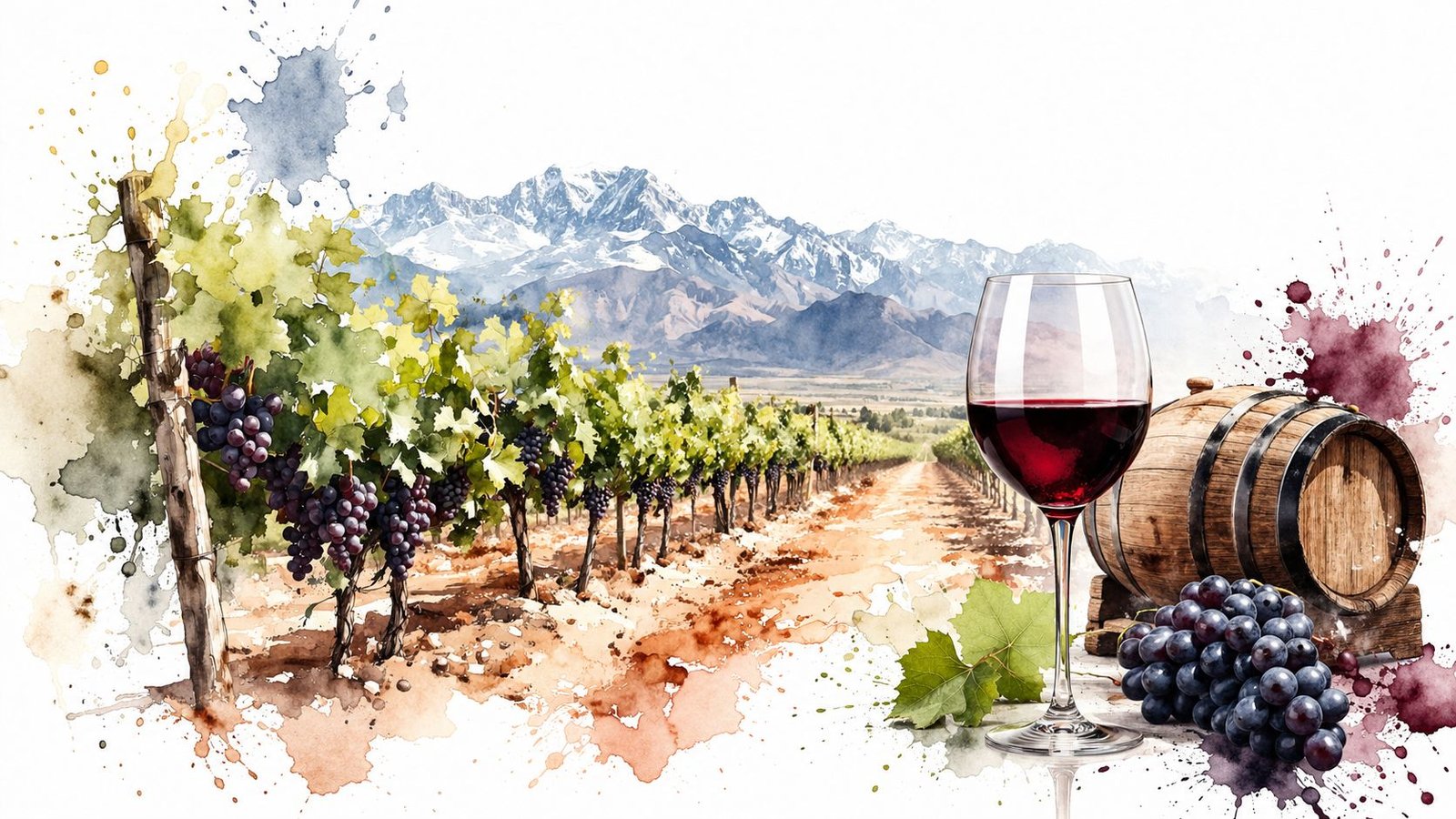 A scenic watercolor painting of a vineyard with mountains in the background, a wine glass, and a barrel.