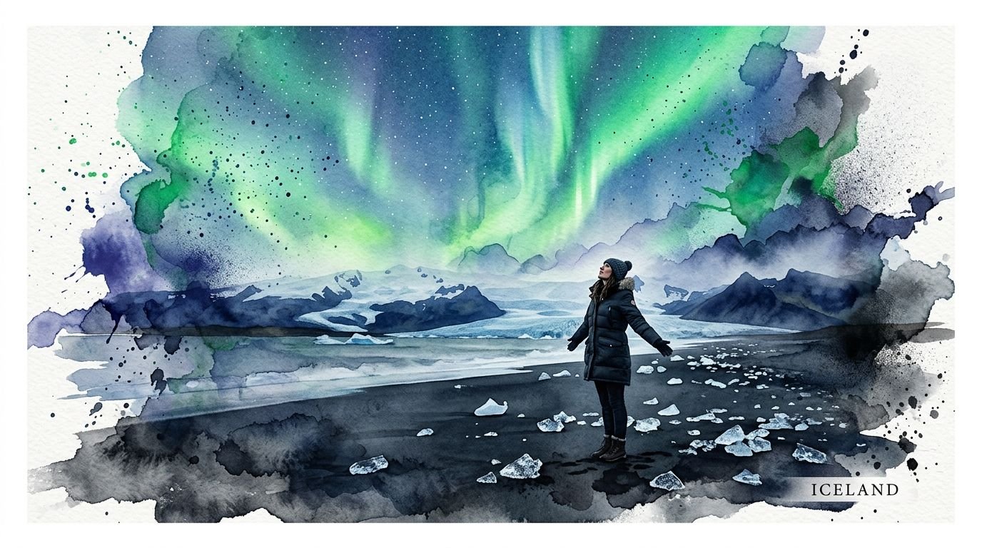 A woman stands on a black sand beach in Iceland looking at the bright green northern lights.