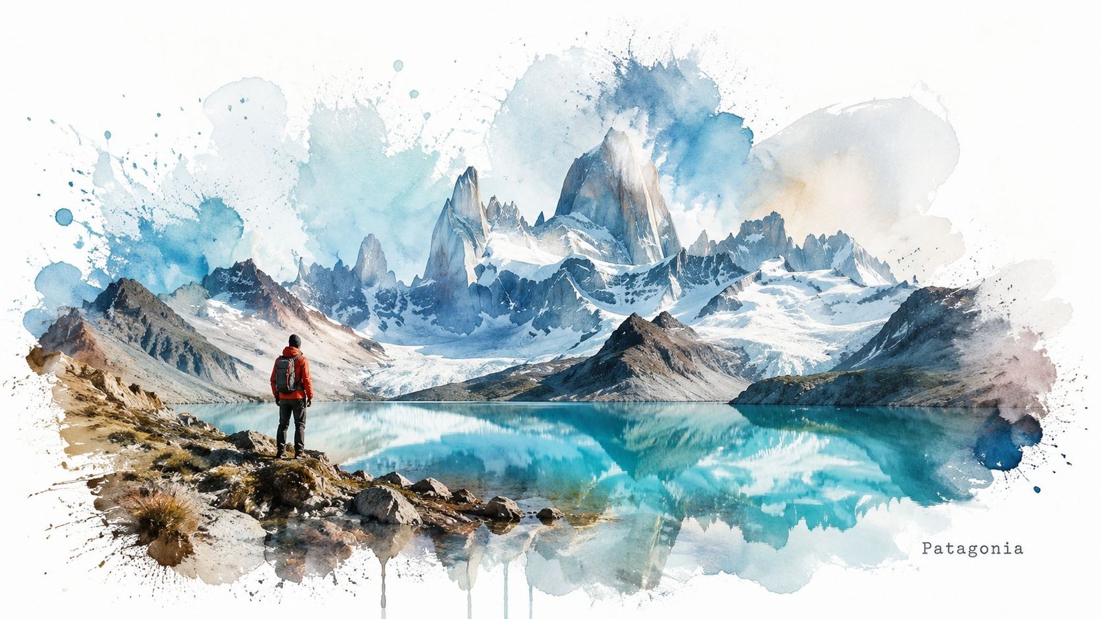 A hiker with a backpack looking at the iconic snowy peaks of Mount Fitz Roy in Patagonia, Argentina.