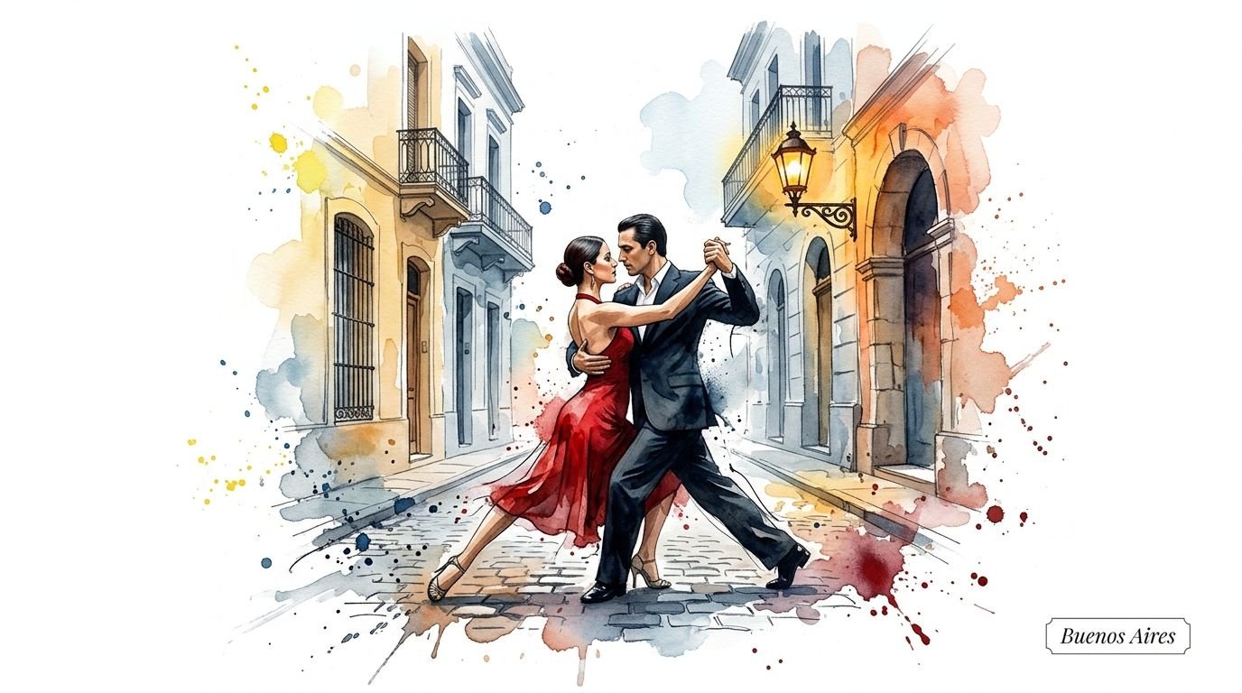 A watercolor illustration of a couple dancing tango on a cobblestone street in Buenos Aires, Argentina.