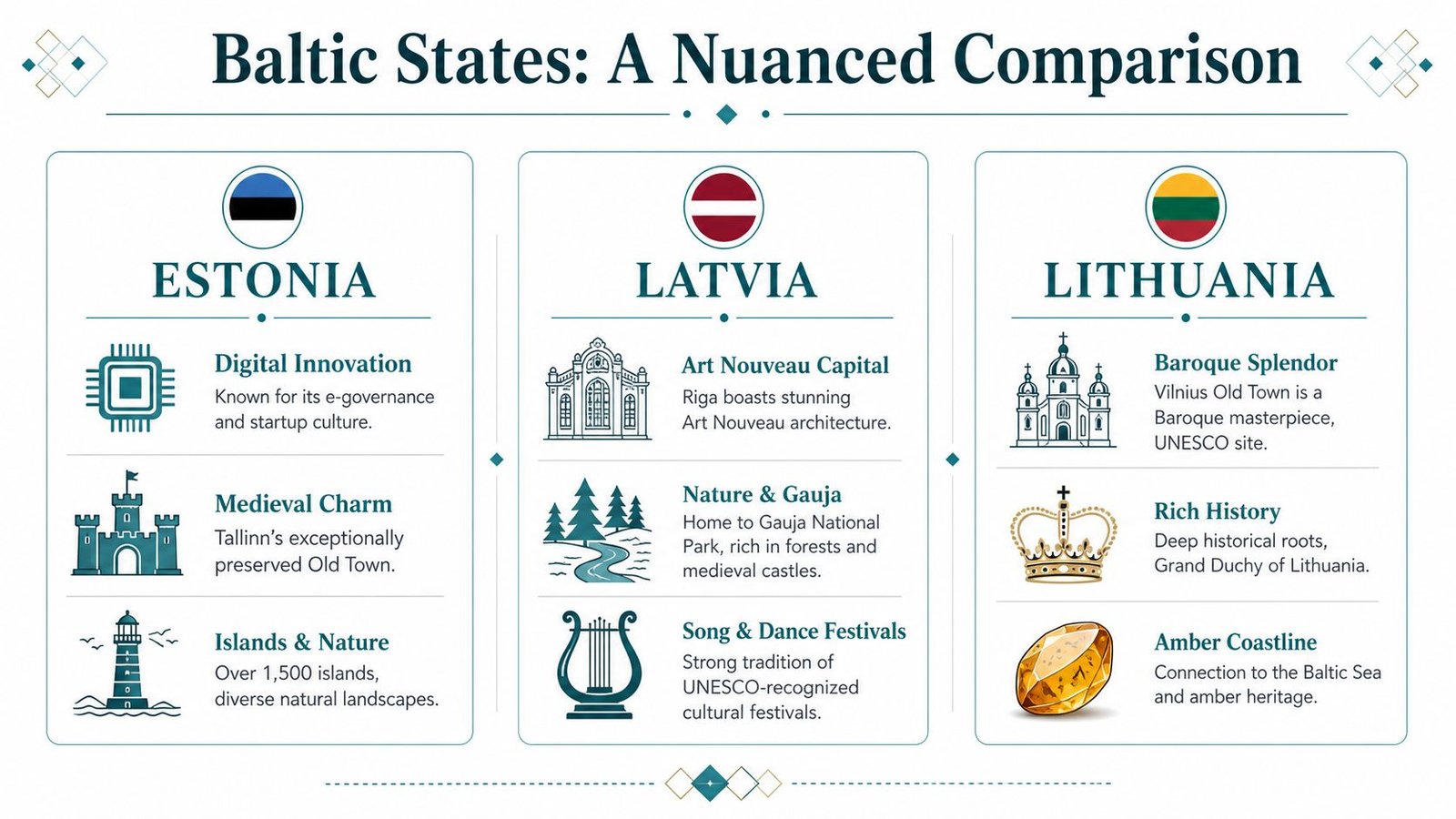 An infographic titled Baltic States comparing the unique tourism and cultural highlights of Estonia, Latvia, and Lithuania.