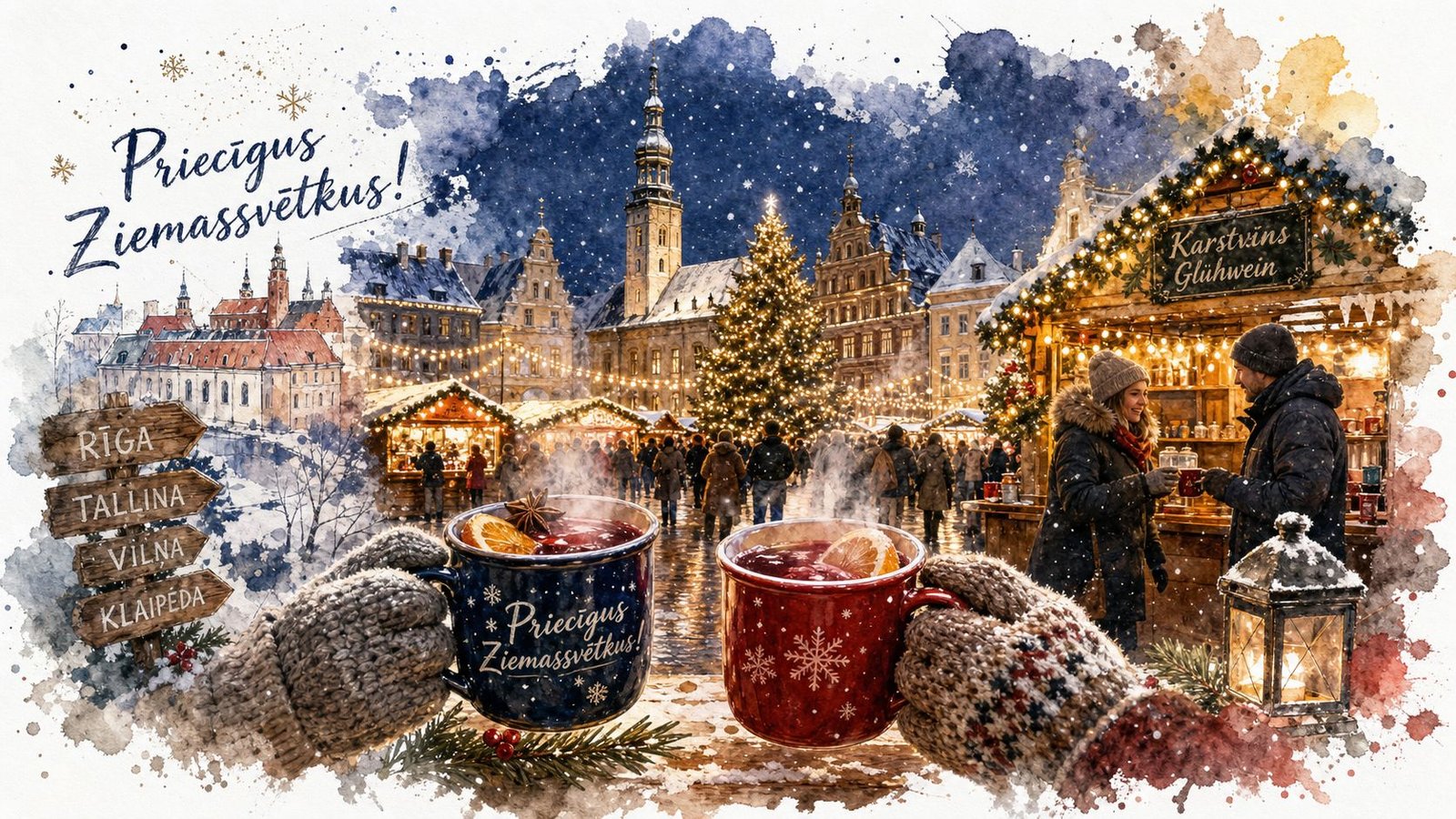 A festive watercolor illustration showing two people holding mugs of mulled wine at a snowy Baltic Christmas market.