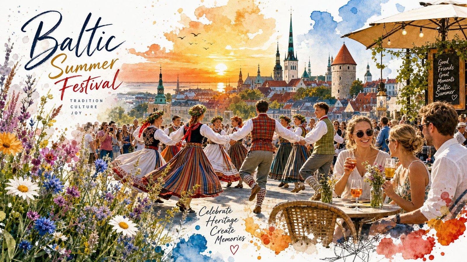 People in traditional clothing dancing at a Baltic Summer Festival with a historic city skyline backdrop.