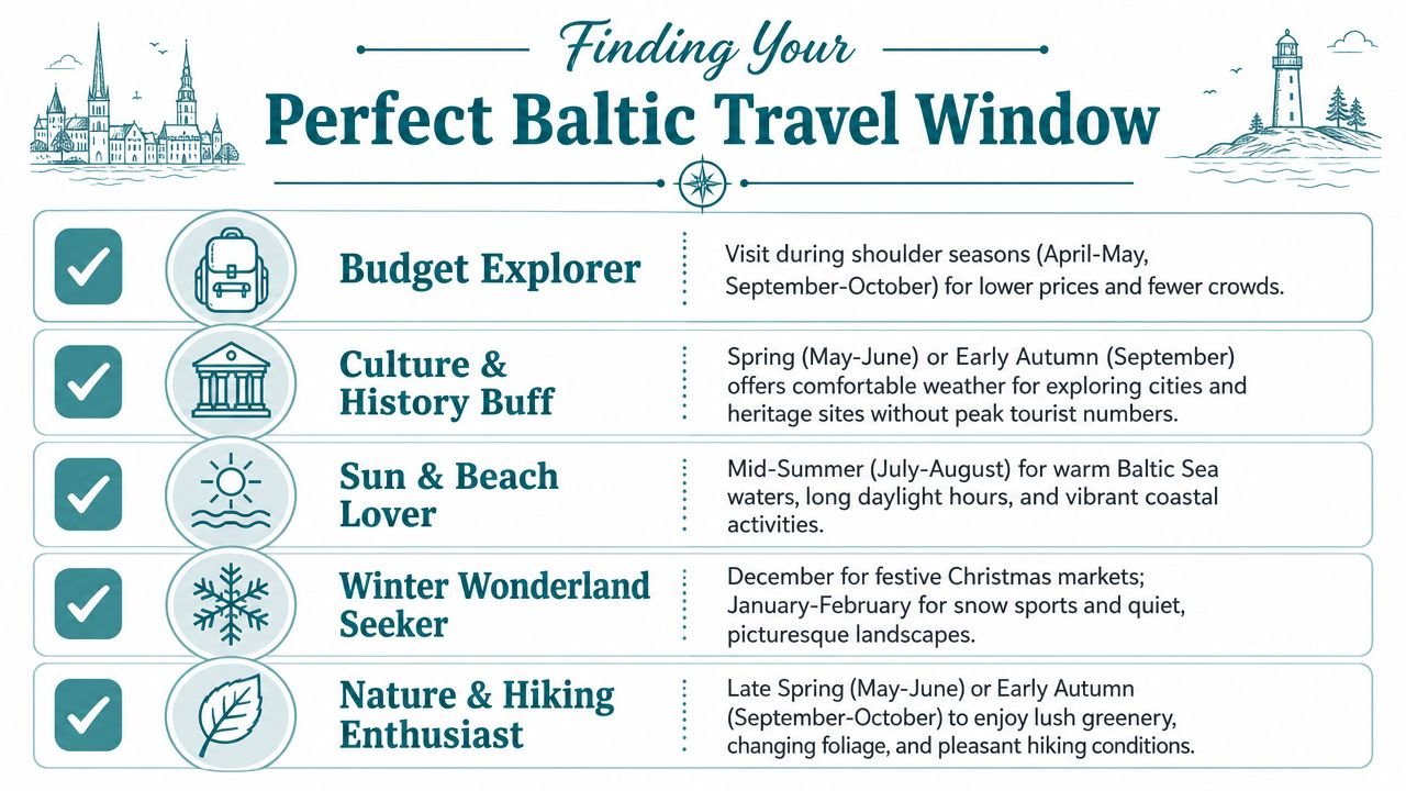 An infographic titled Finding Your Perfect Baltic Travel Window illustrating the best months to visit based on traveler types.