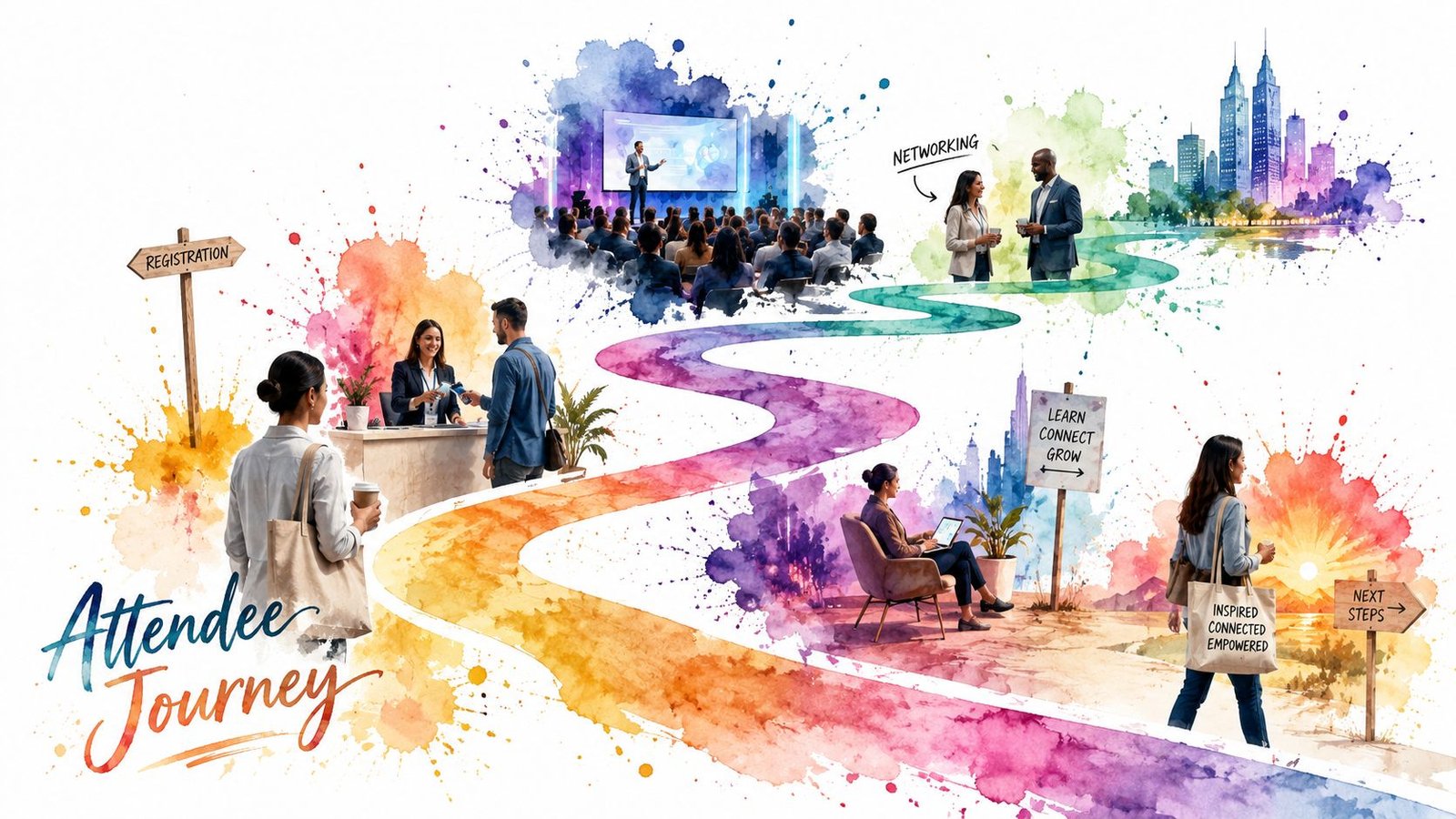 An artistic illustration depicting a corporate attendee's journey, from registration and networking to learning and future steps.