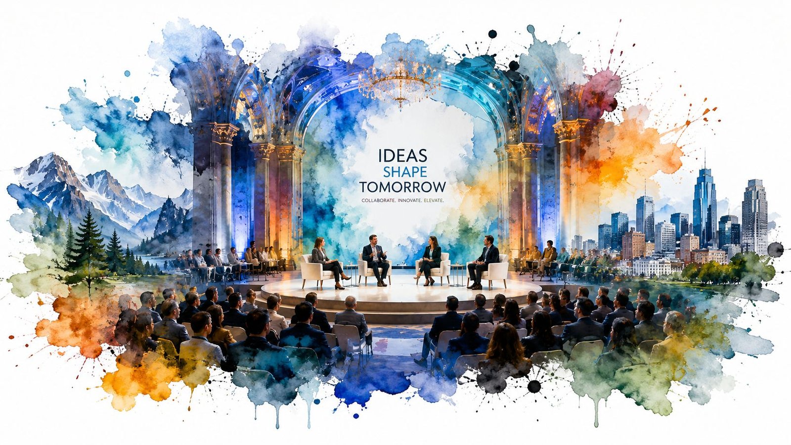 A professional corporate panel discussion with speakers on stage in front of an audience and artistic background.