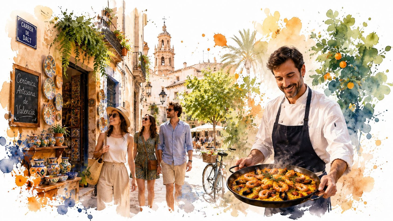 A chef presents fresh paella in a sunny Spanish street scene with tourists walking in the background.