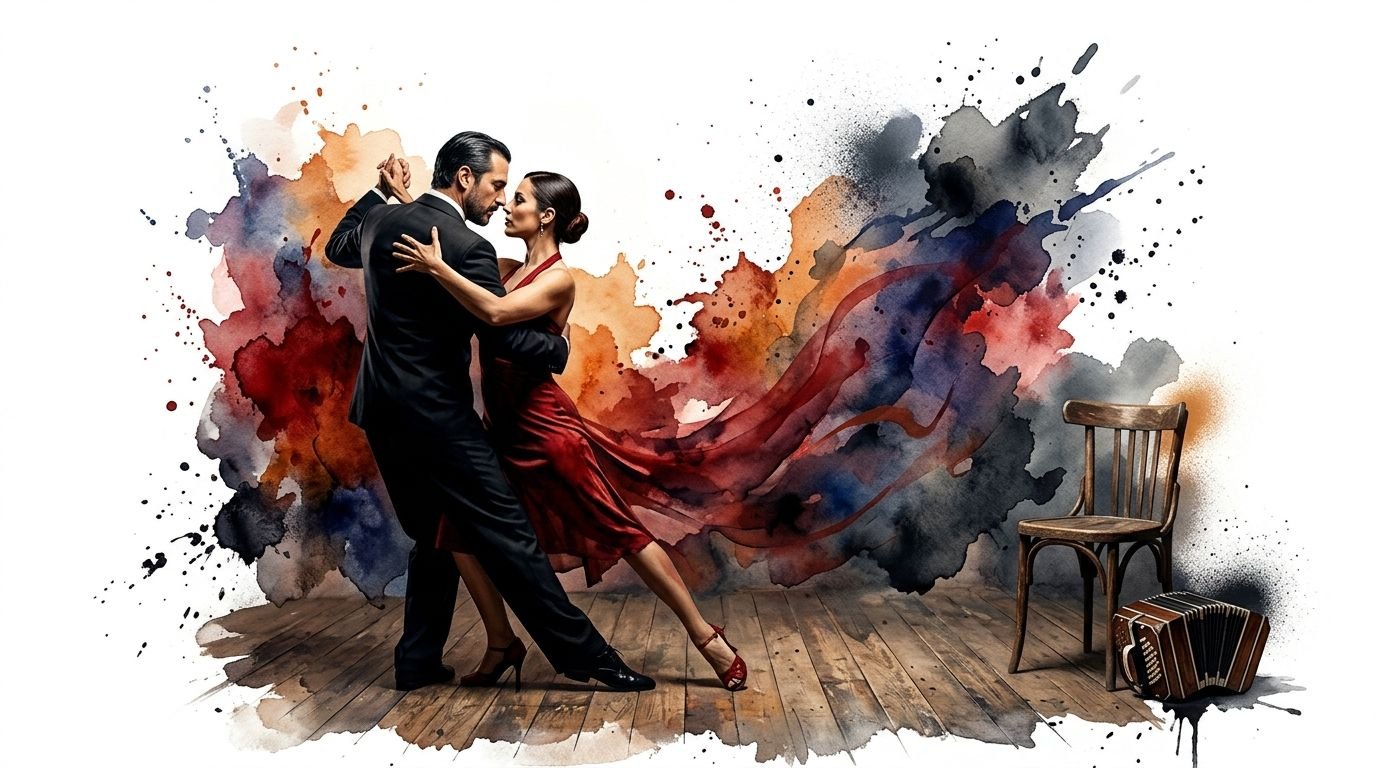 A couple passionately dancing Argentine tango against a vibrant watercolor splash backdrop with a wooden chair.