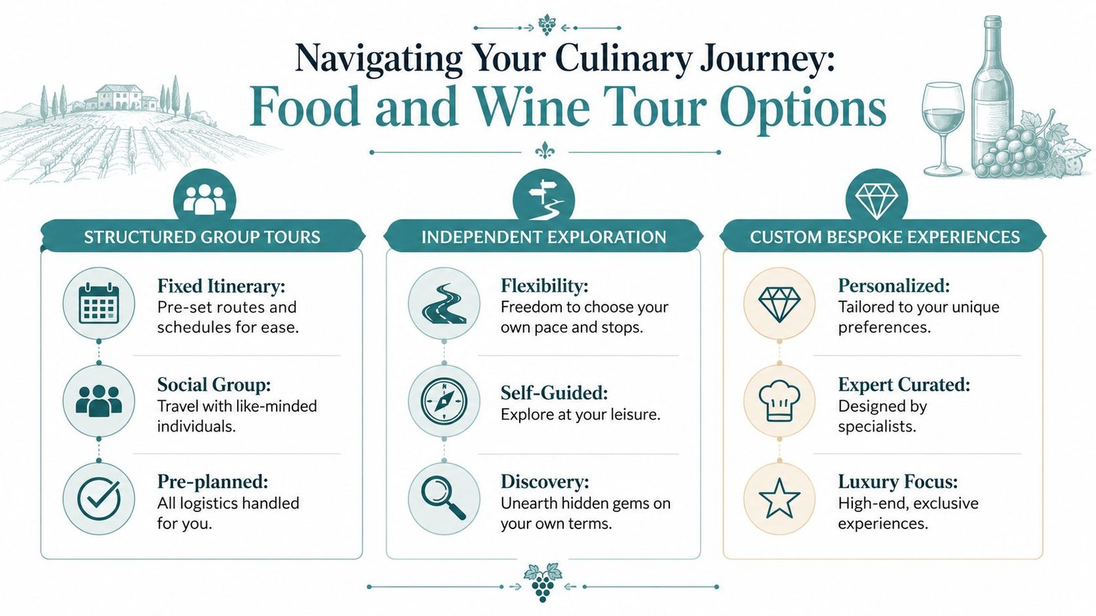 An infographic titled Navigating Your Culinary Journey outlining structured group tours, independent exploration, and custom bespoke experiences.