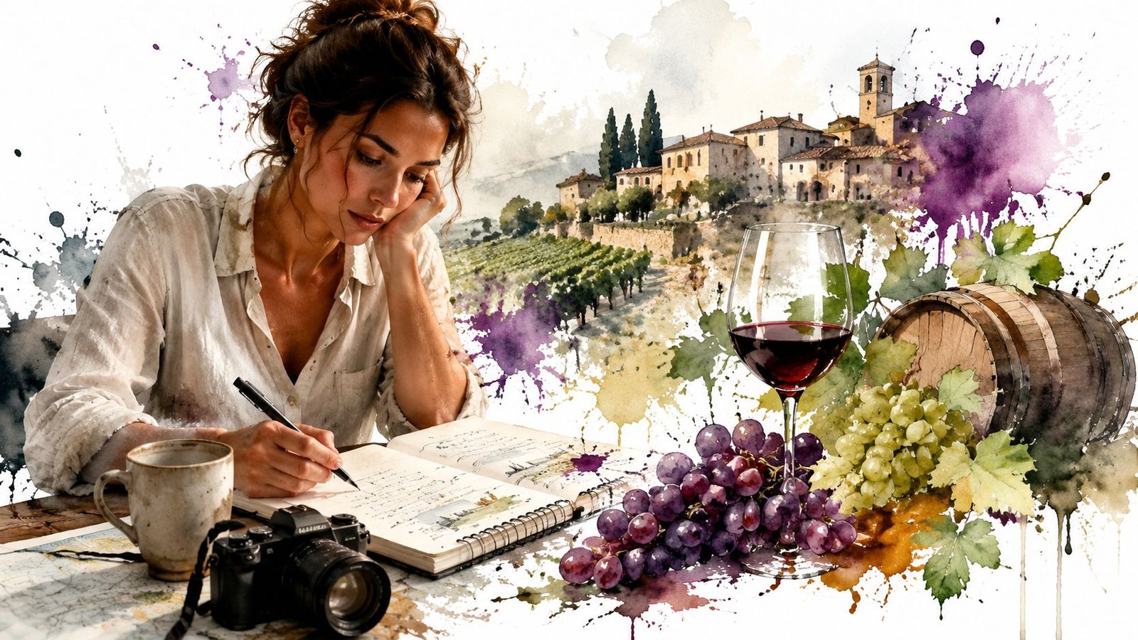 A woman sketching in a journal with a glass of wine and grapes near a vineyard landscape.