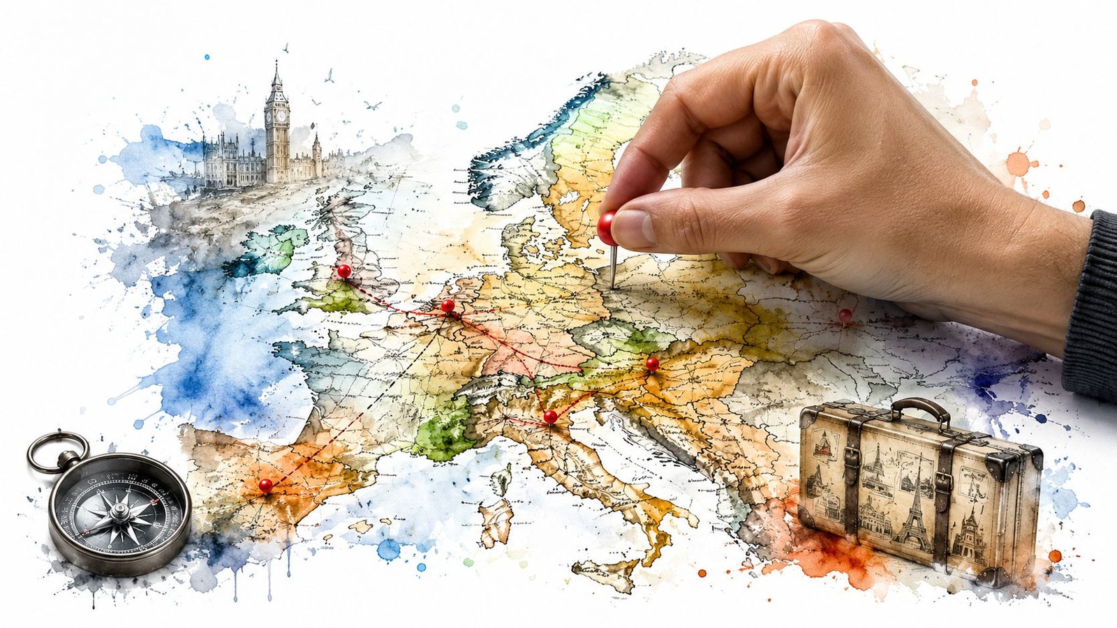 A hand placing a red pin on a watercolor map of Europe with a vintage suitcase and compass.