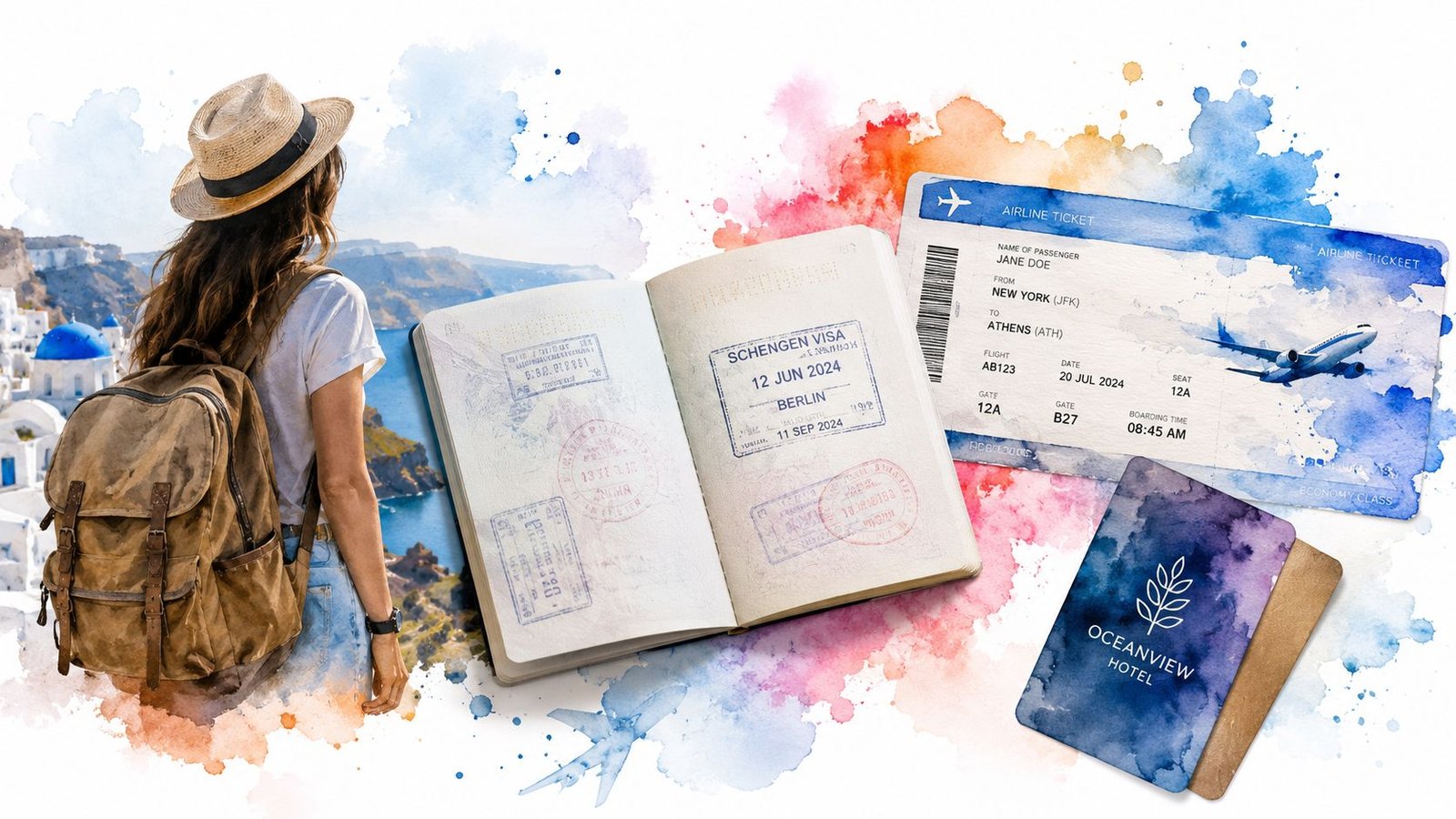 A traveler looking out at a scenic view next to passport, boarding pass, and hotel materials.