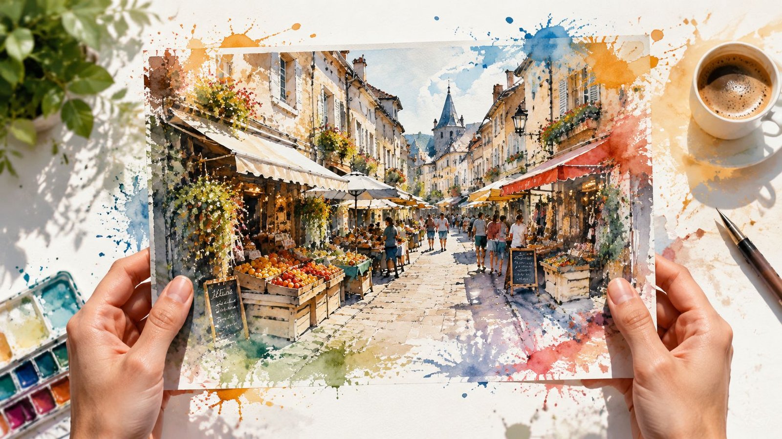 A person holding a beautiful watercolor painting of a bustling European street market with fresh produce.