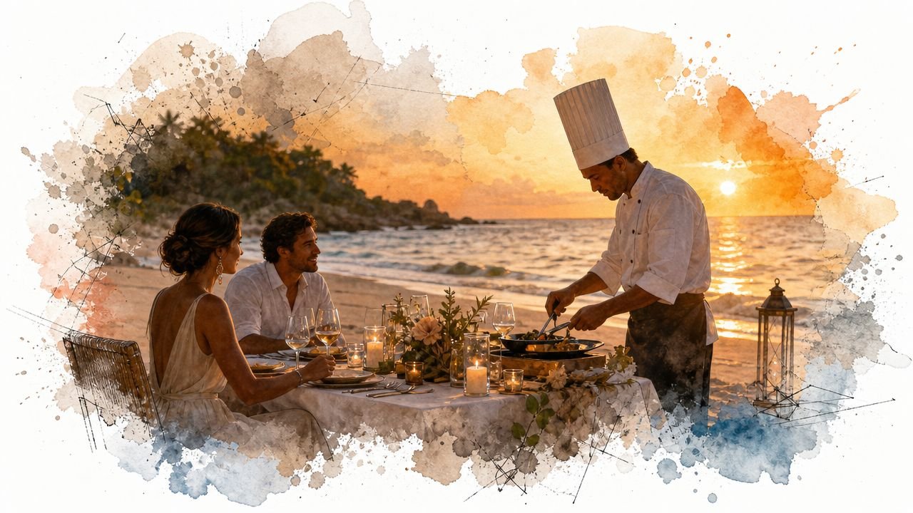 A professional chef prepares a meal for a couple dining at a sunset table on a beach.