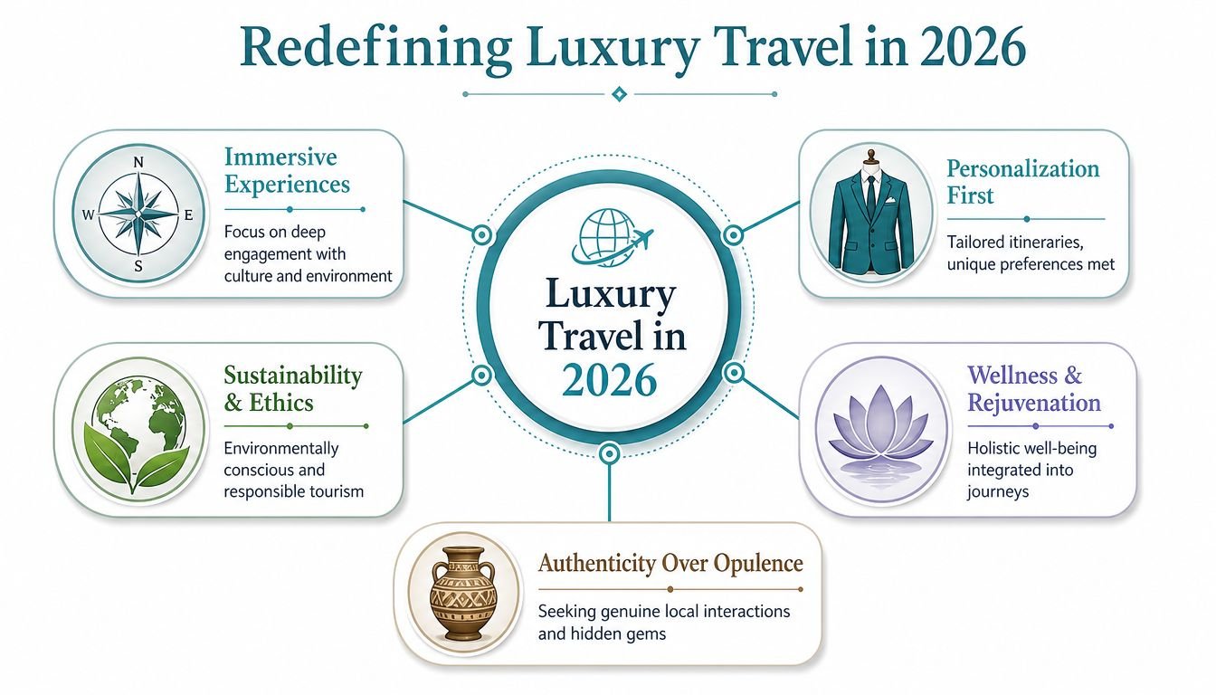 An infographic titled Redefining Luxury Travel in 2026 showing five key trends in modern tourism.