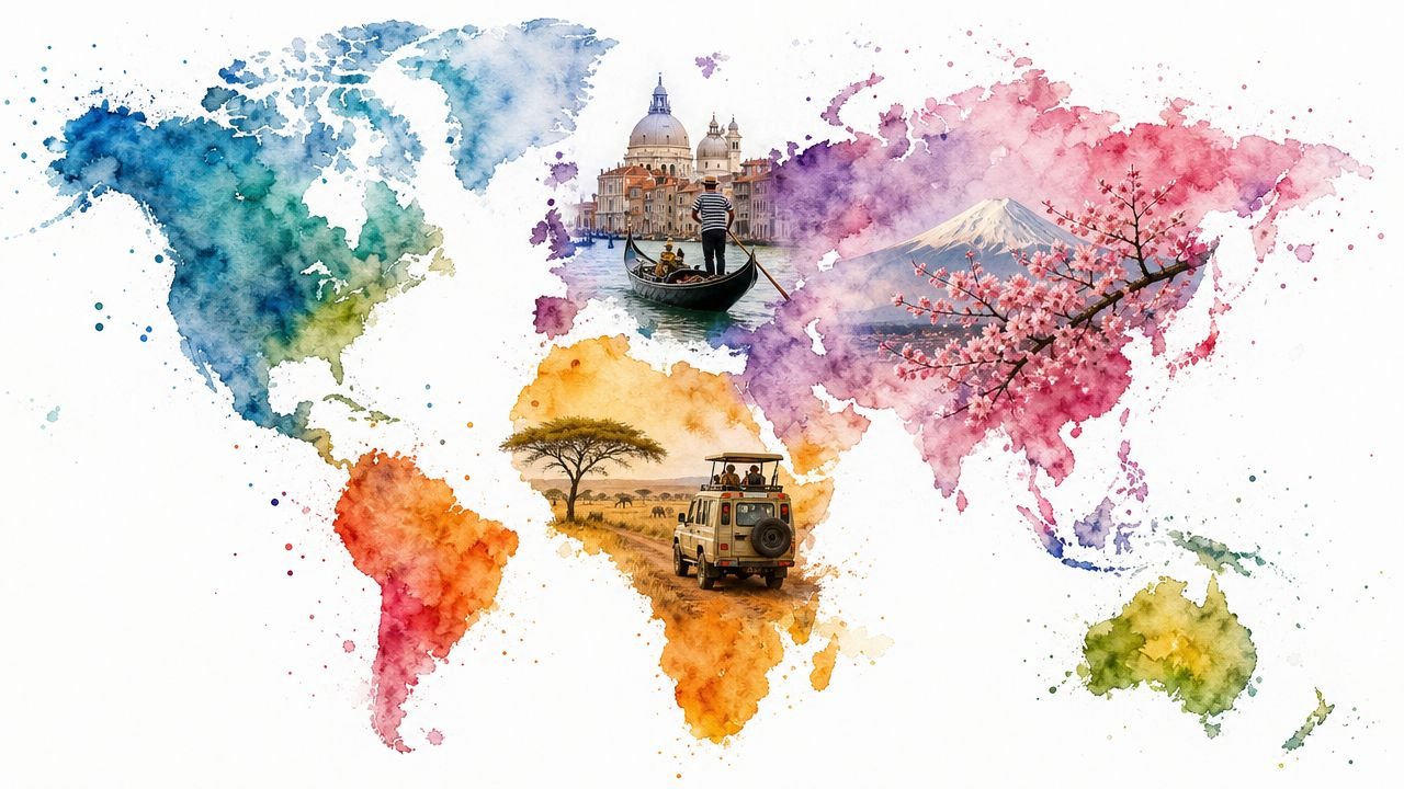 A colorful watercolor map of the world featuring iconic travel destinations like Venice and Mount Fuji.