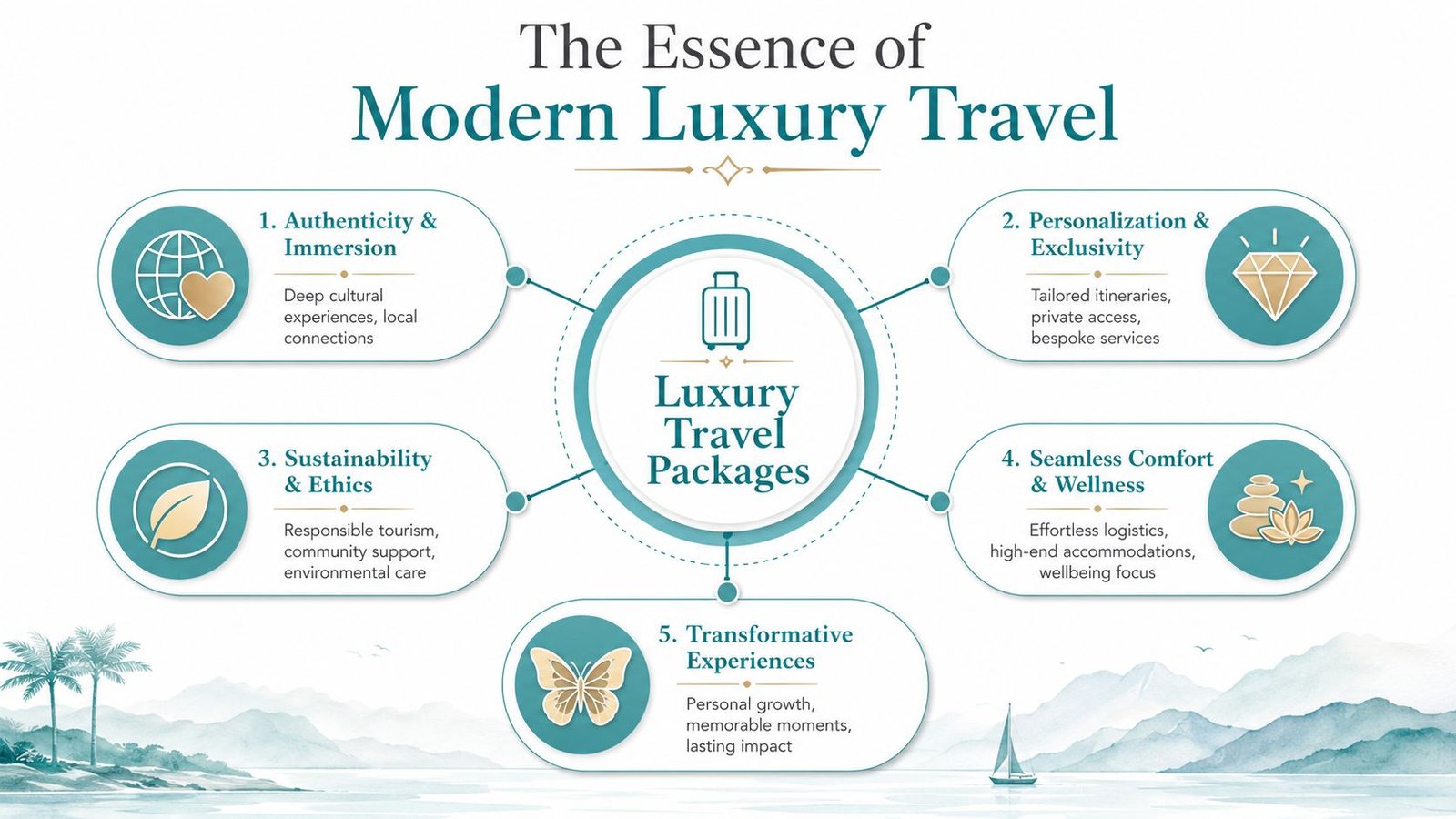 An infographic titled The Essence of Modern Luxury Travel outlining five key pillars for upscale, curated travel experiences.