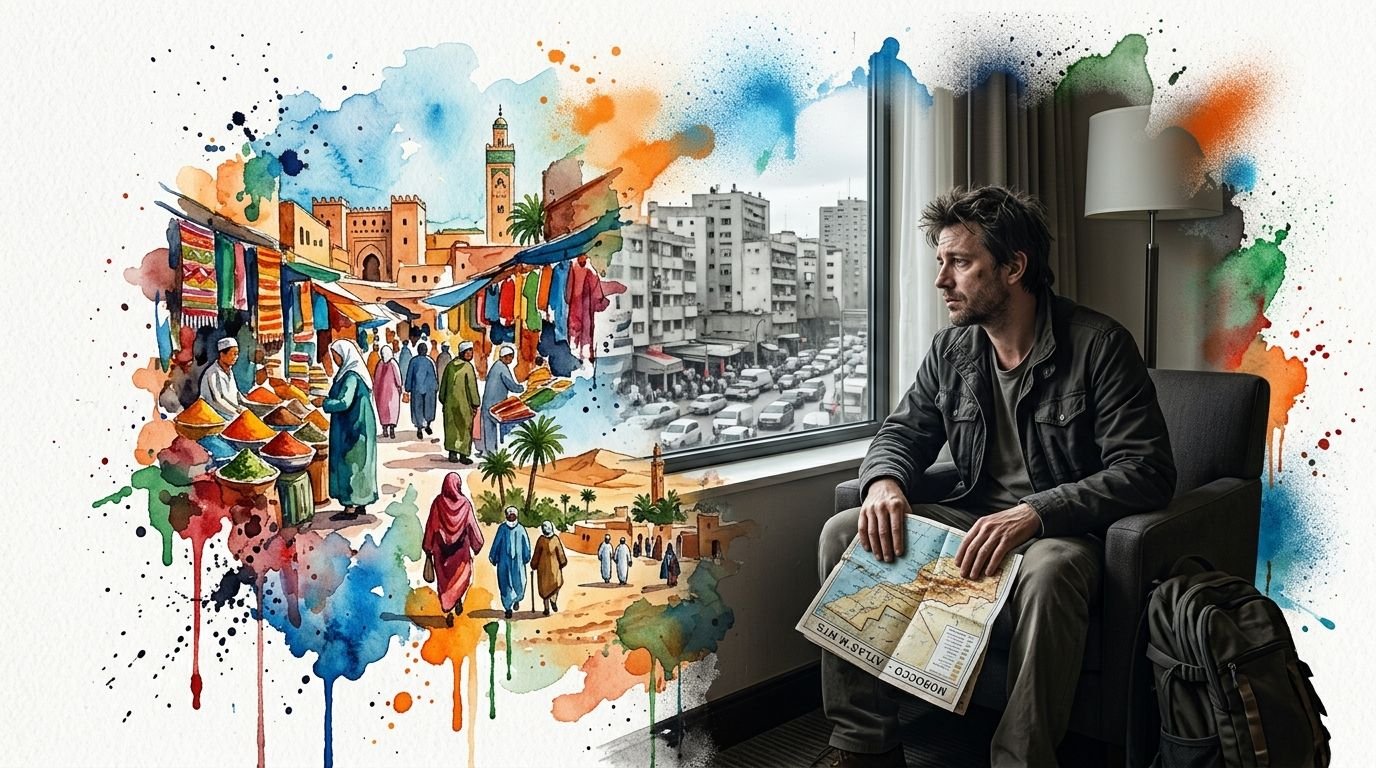 A pensive traveler holding a map while looking out at a city scene blending into a watercolor painting.