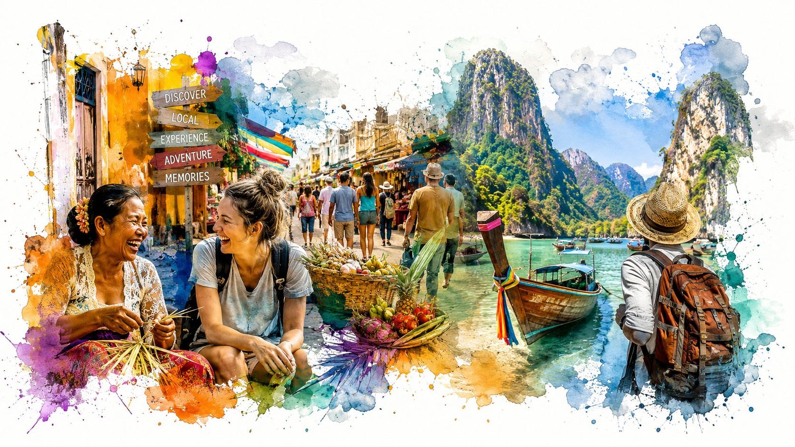 A watercolor-style artistic montage featuring Southeast Asian culture, travelers, and tropical landscape scenery for luxury travel.