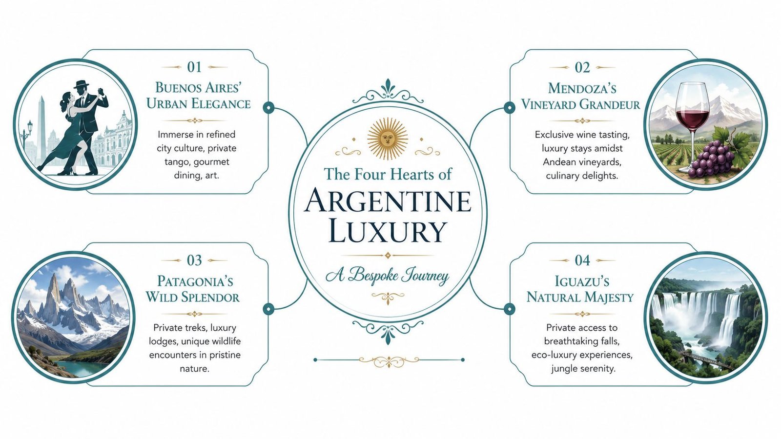 A visual infographic showcasing four luxury travel destinations in Argentina: Buenos Aires, Mendoza, Patagonia, and Iguazu Falls.