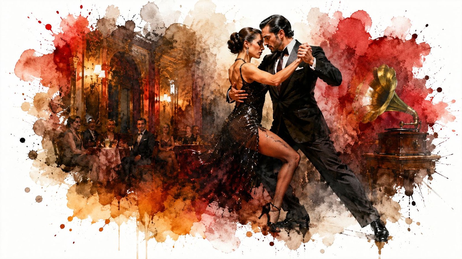 A professional couple performs an elegant Argentine tango dance in a sophisticated, candlelit, historic ballroom setting.