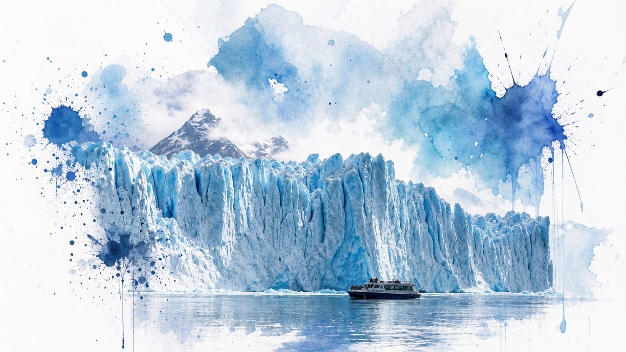 A tourist boat sailing in front of the massive Perito Moreno Glacier in Patagonia, Argentina, with watercolor effects.