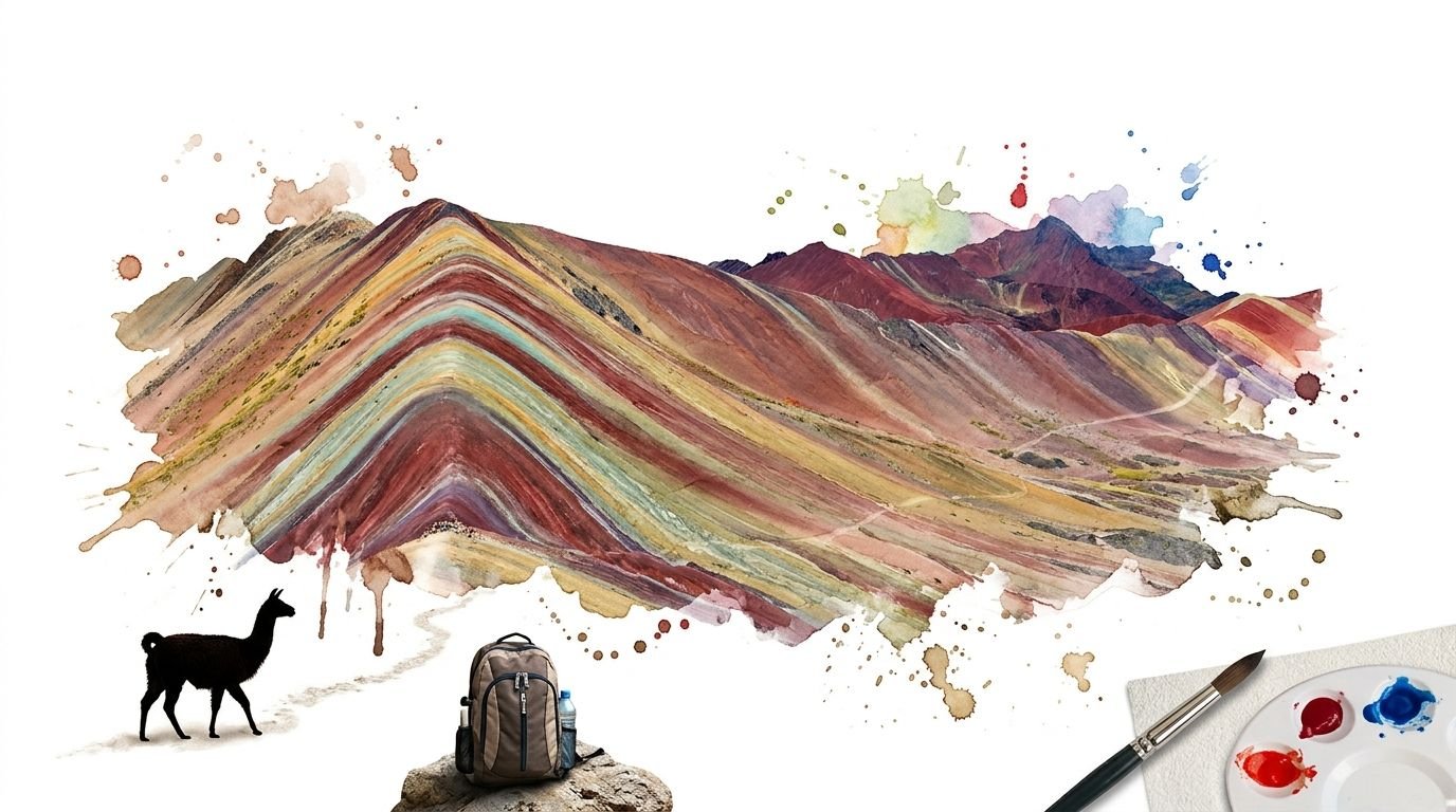 Watercolor artistic depiction of Peru's rainbow mountain with a llama, a backpack, and painting supplies.
