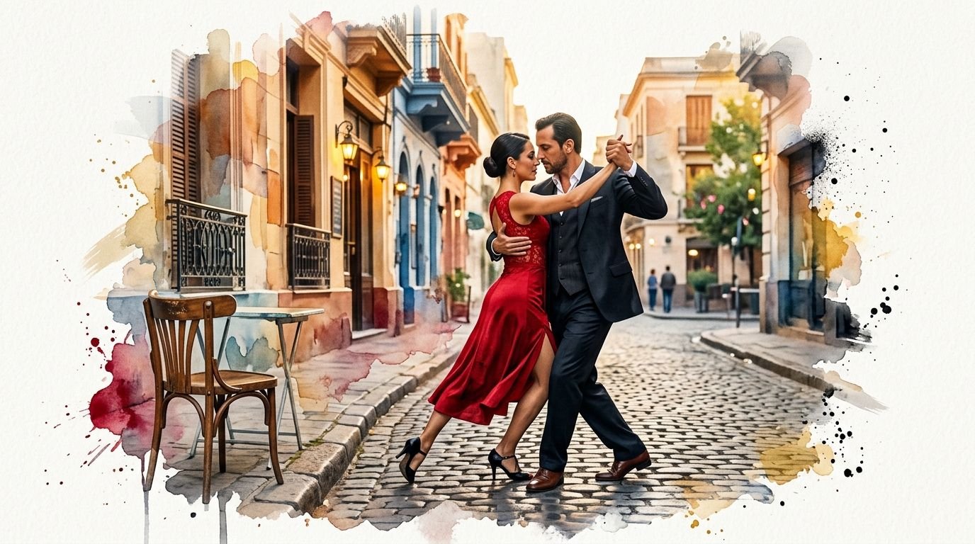 A couple passionately dancing the tango on a charming, traditional cobblestone street in Buenos Aires, Argentina.