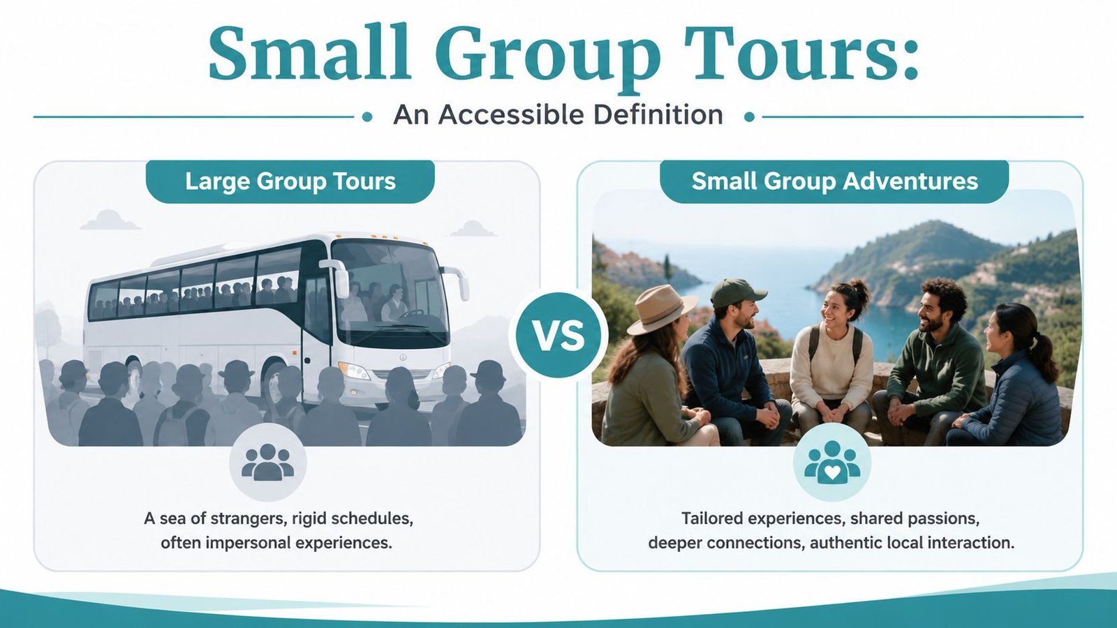 A comparison graphic showing a large crowded bus versus a small group of friends enjoying a scenic view.