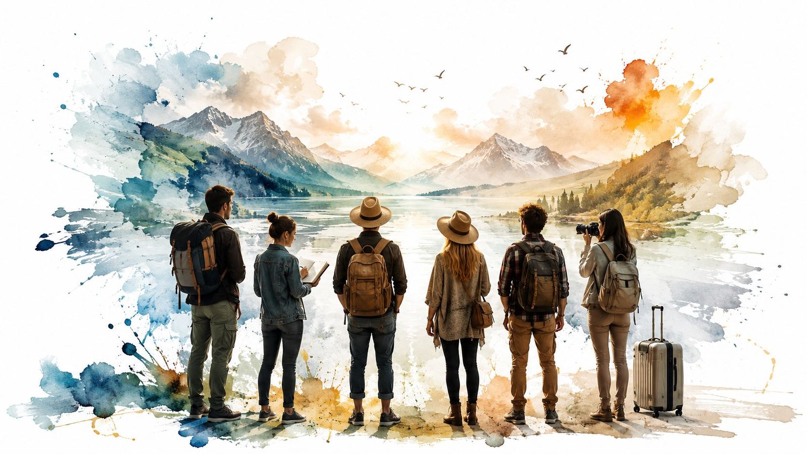 A diverse group of six friends stand together, viewing a beautiful mountain lake landscape during a sunrise.