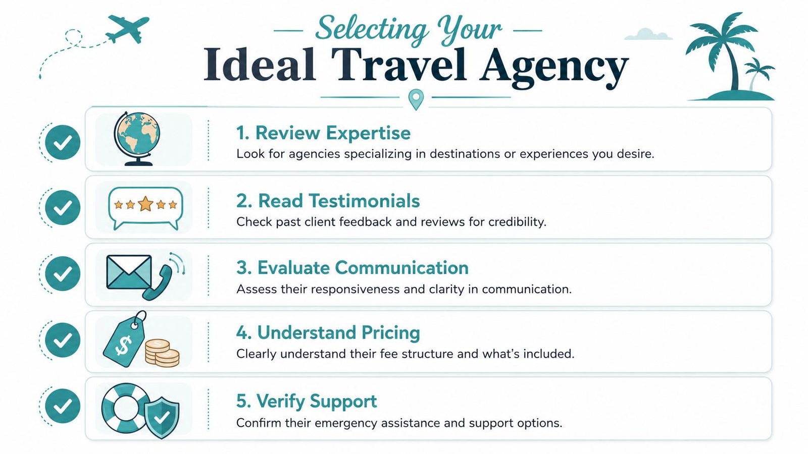 An infographic titled Selecting Your Ideal Travel Agency featuring five tips for choosing a professional travel agency.