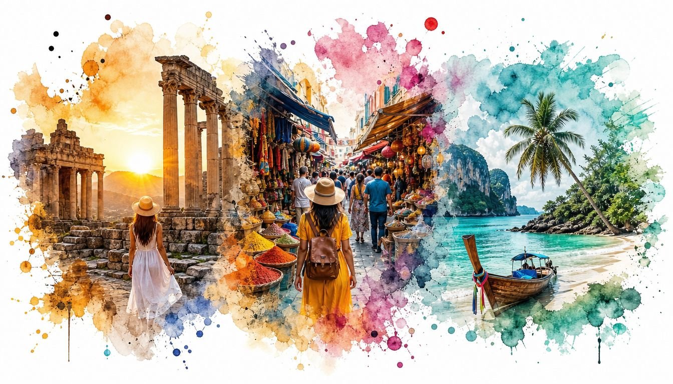 A watercolor artistic collage showing ancient ruins, a vibrant market street, and a tropical beach paradise.