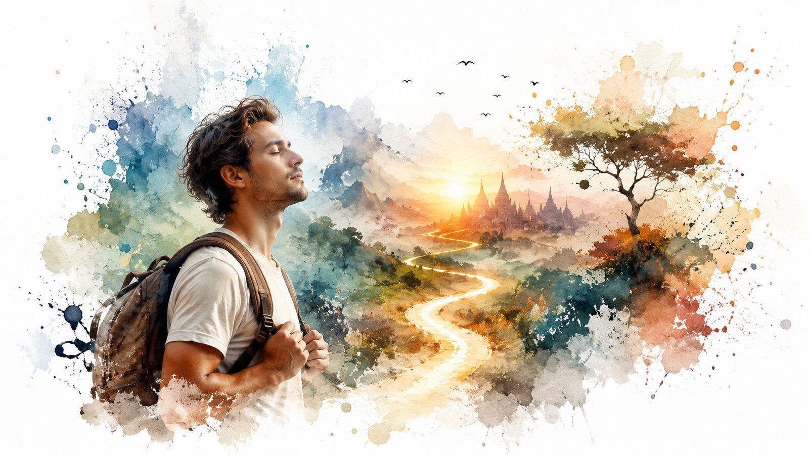 A traveler with a backpack looks peacefully toward a golden landscape with temples and a winding path.