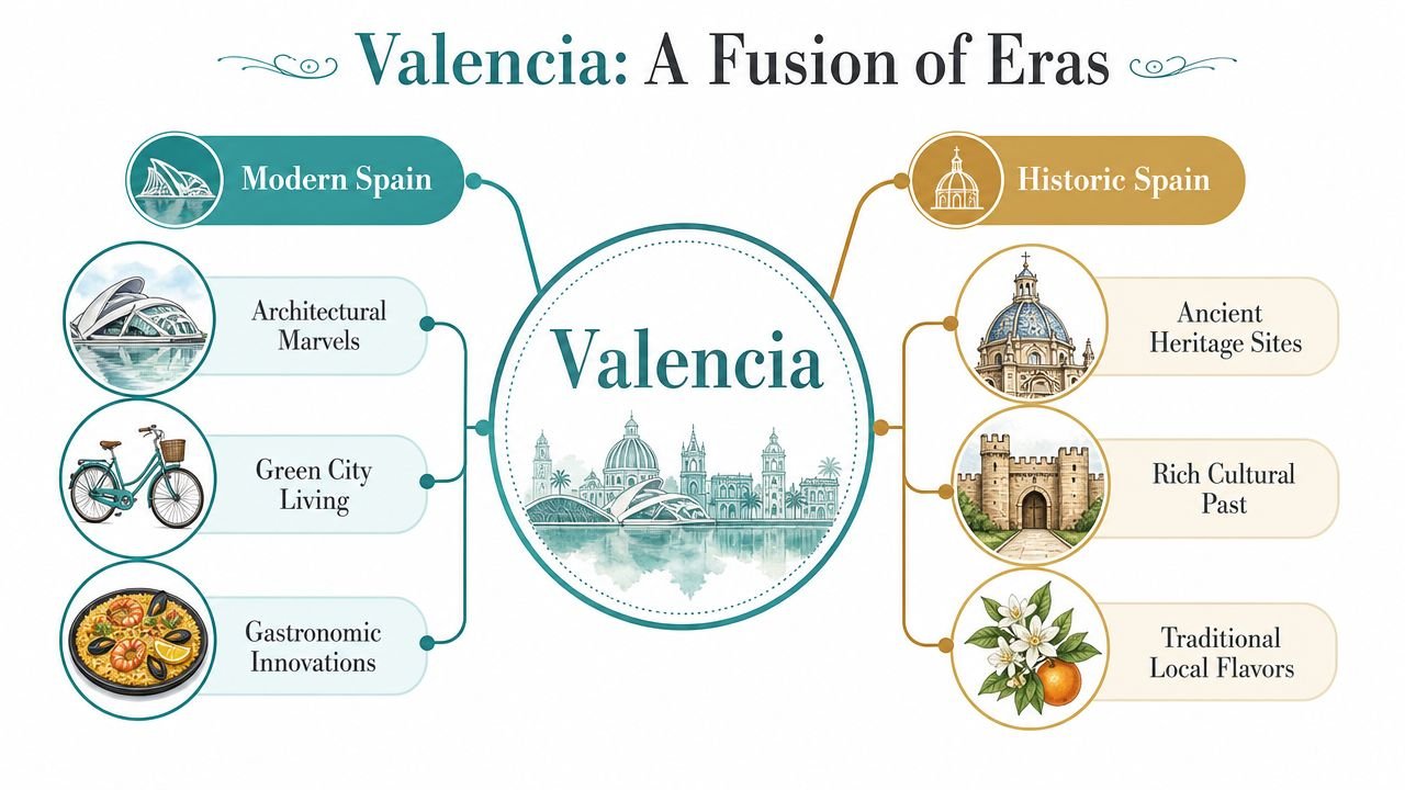 An infographic mind map titled Valencia: A Fusion of Eras showing connections between modern and historic landmarks.