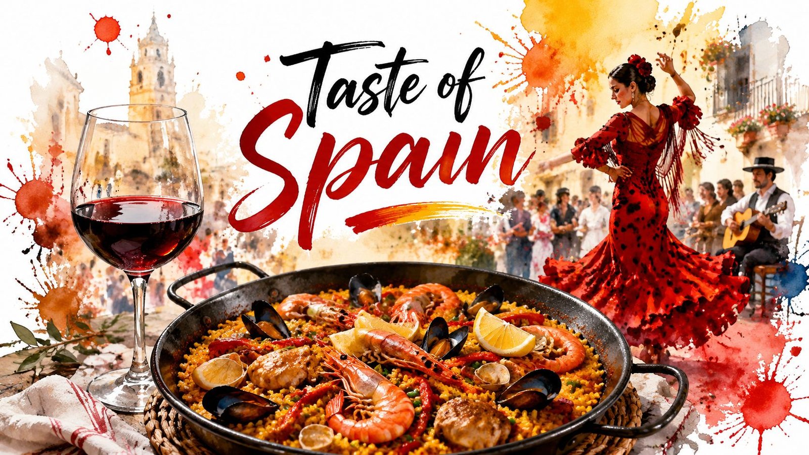A vibrant Spanish-themed scene featuring a glass of red wine, a delicious paella, and a flamenco dancer.