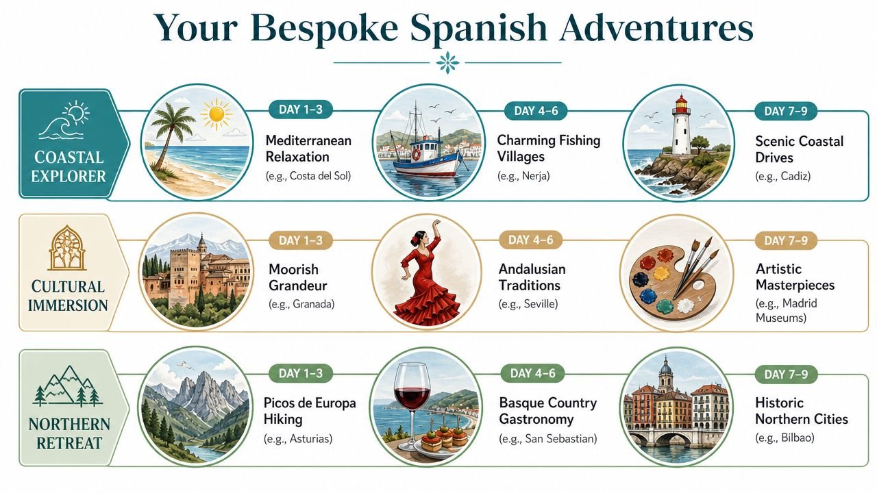 A travel itinerary graphic showing three different Spanish holiday options categorized by theme with daily activities.