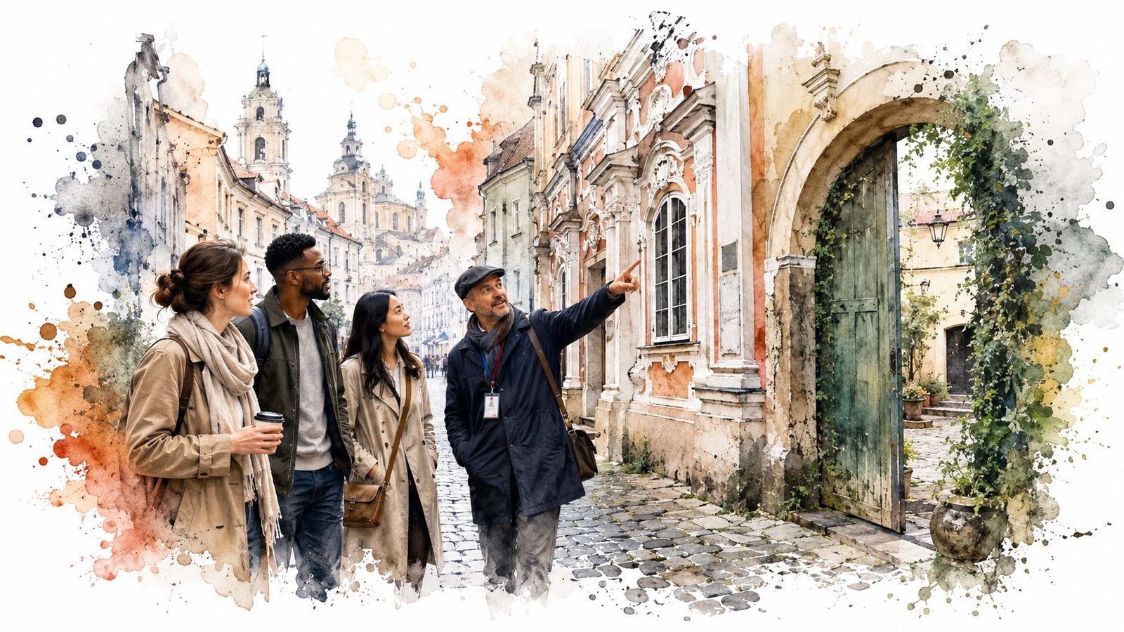 A tour guide pointing towards a historic stone archway for a group of tourists in Vilnius, Lithuania.