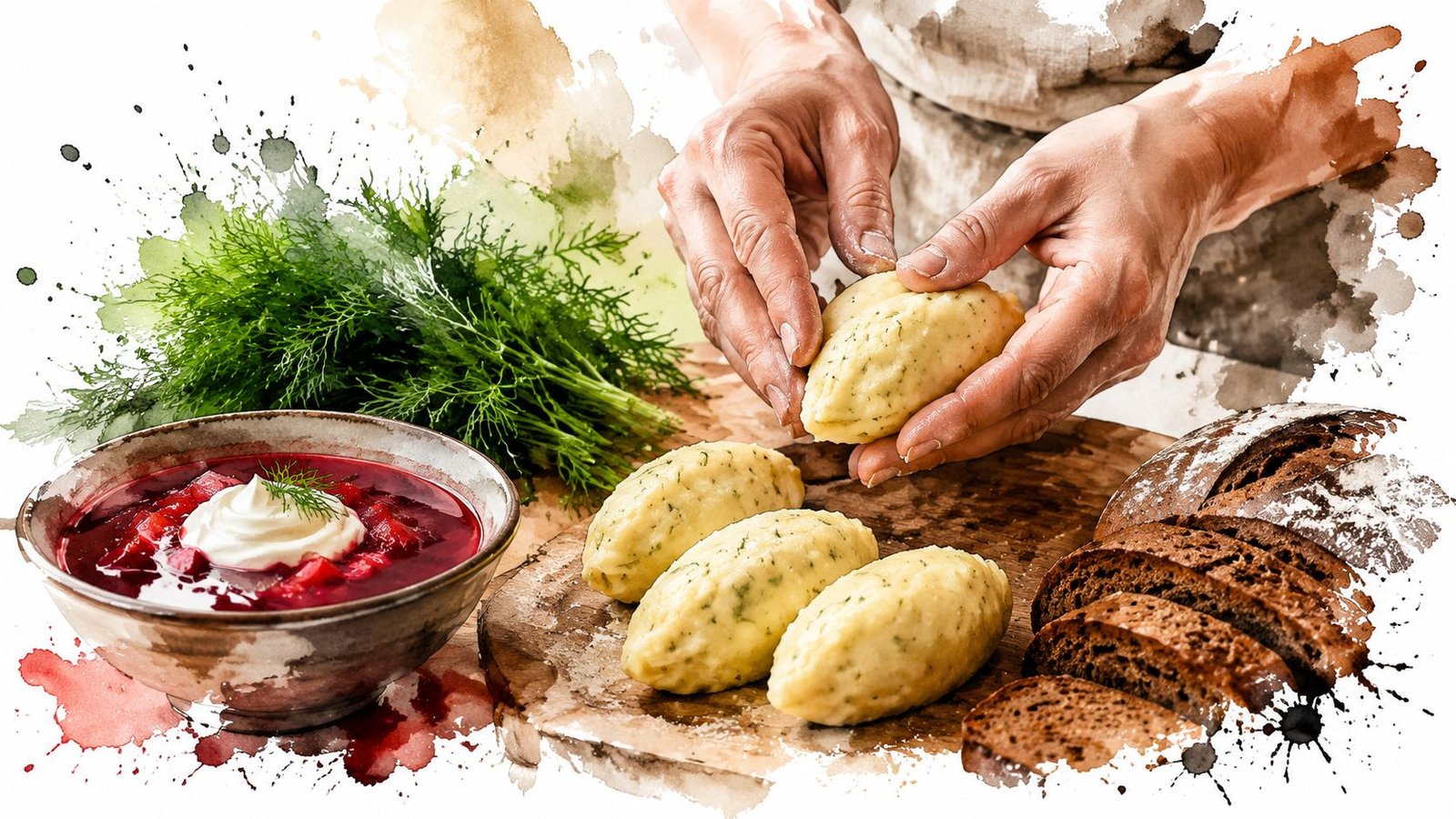 A person shapes potato dumplings on a wooden board next to beetroot soup and rye bread.