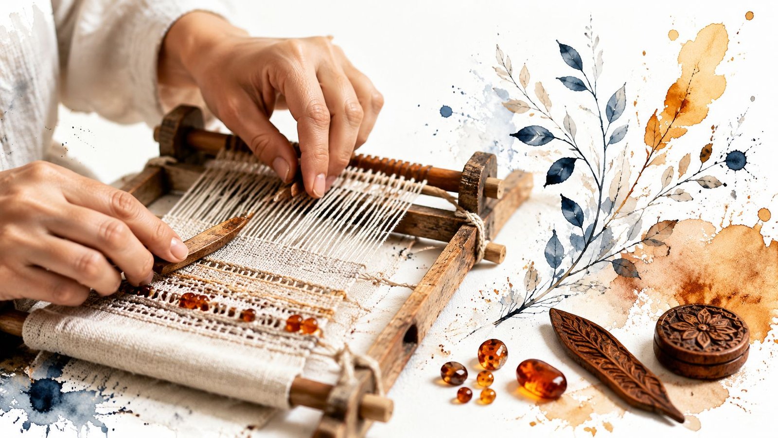 A skilled artisan weaving a traditional tapestry with amber beads on a wooden loom in Vilnius, Lithuania.