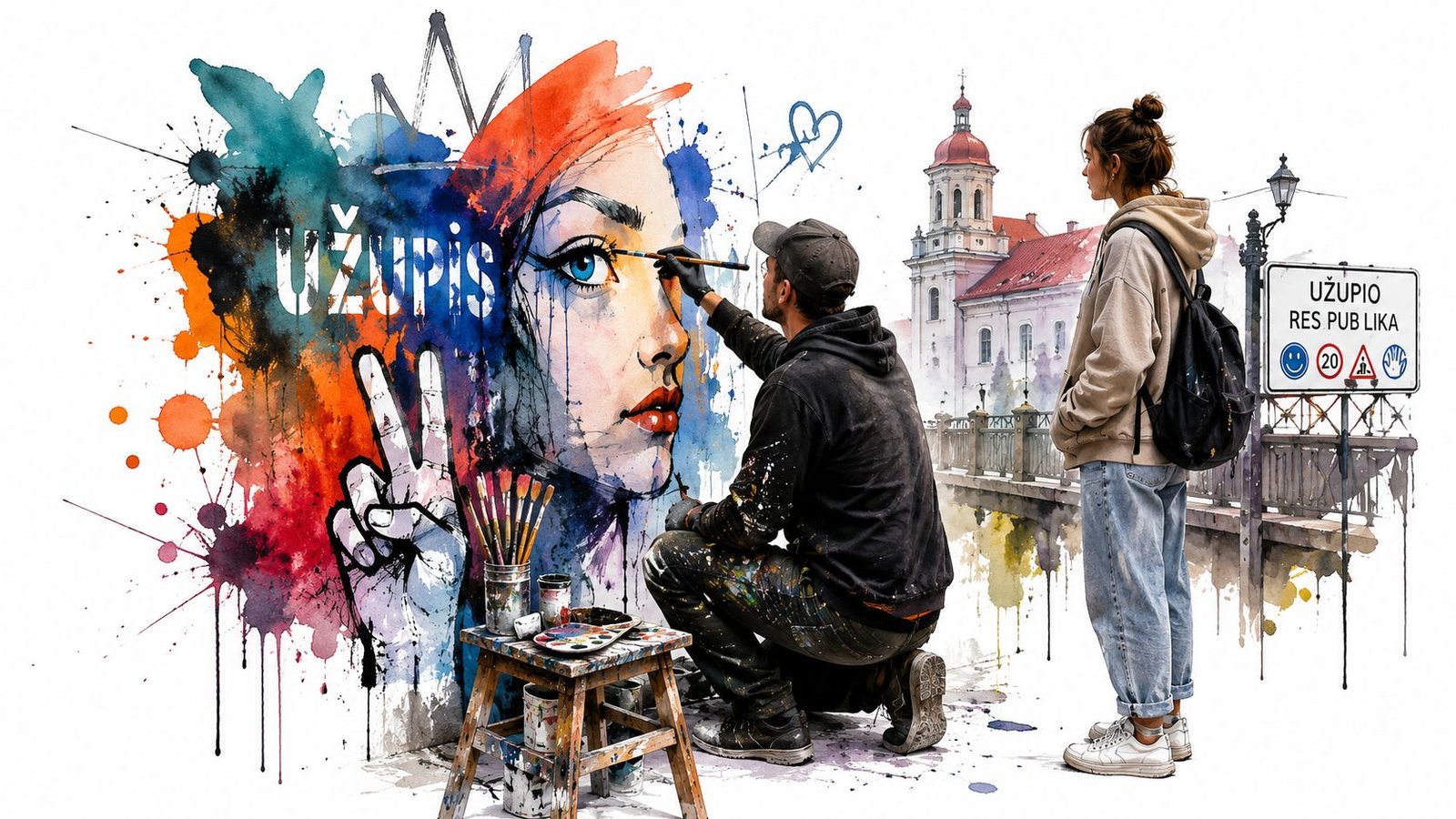 An artist painting a colorful mural of a woman in Uzupis, Vilnius, with a woman watching nearby.