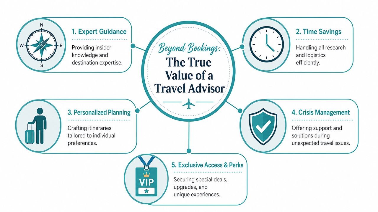 An infographic titled The True Value of a Travel Advisor listing five key benefits for travelers.
