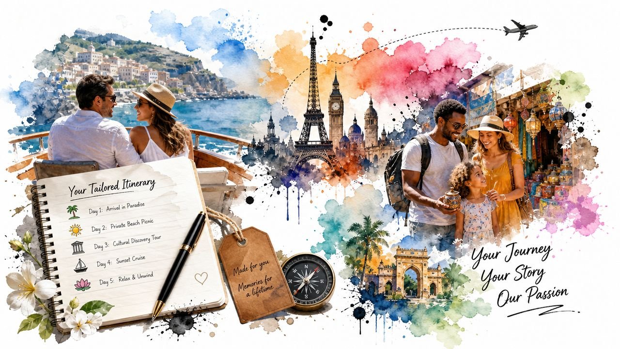A watercolor-style travel montage featuring a couple on a boat, a family exploring, and a custom itinerary.