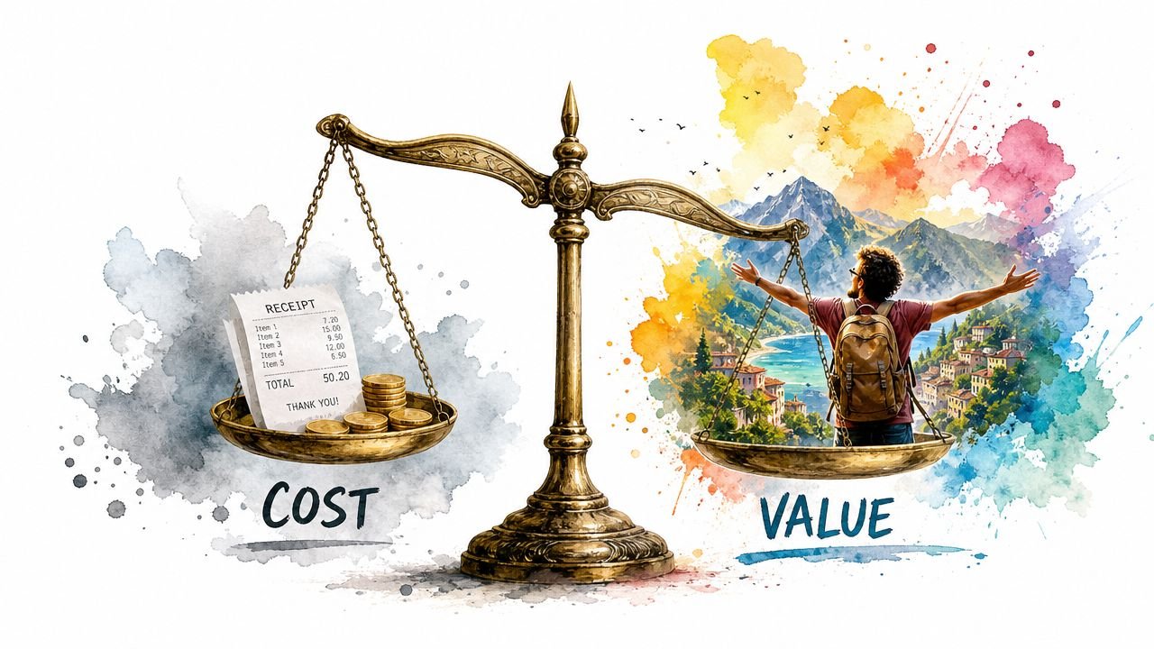 A conceptual balance scale weighing financial costs against the rewarding value of a travel experience.