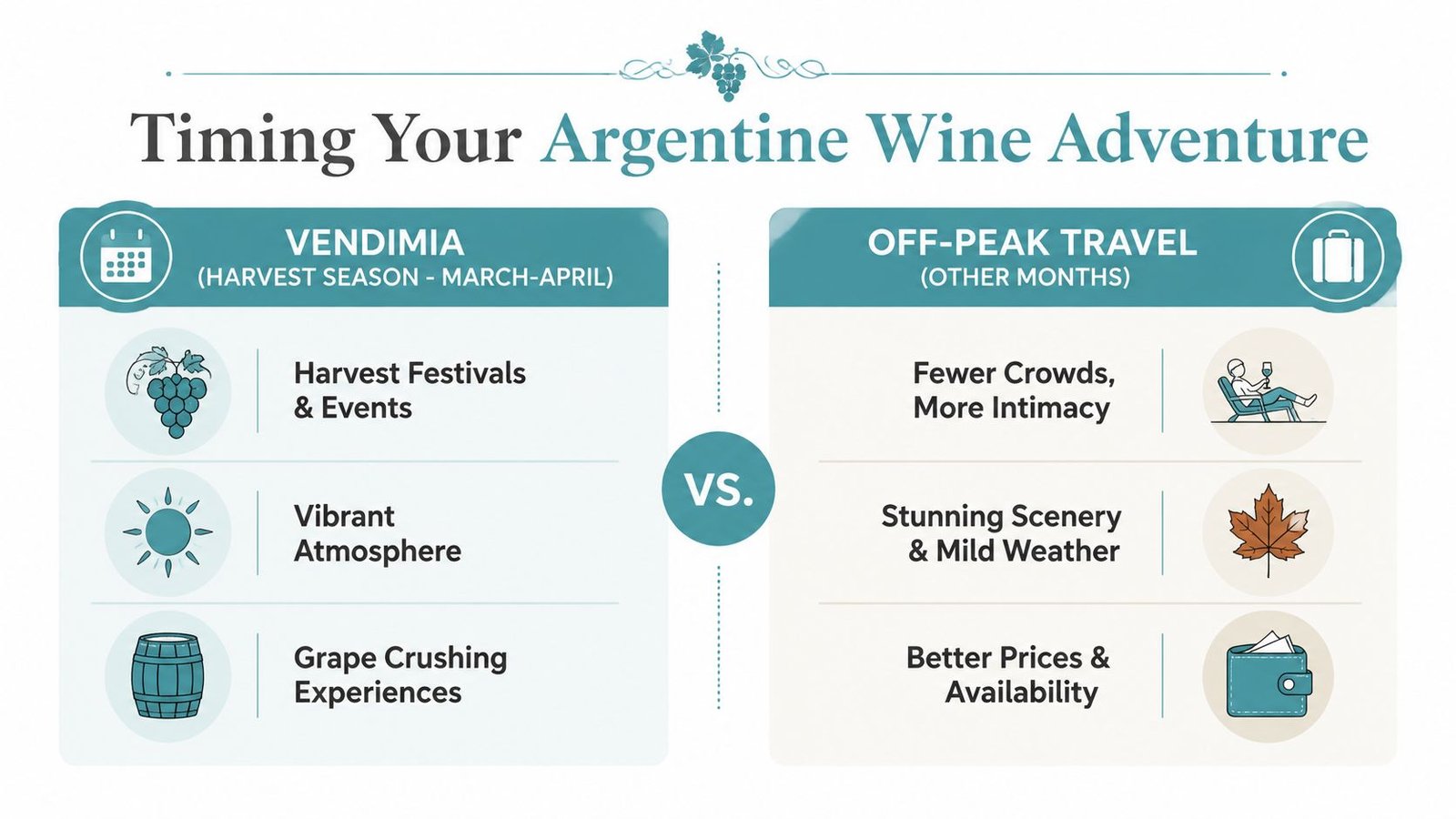 An infographic comparing the benefits of visiting Argentina during Vendimia harvest season versus off-peak travel times.