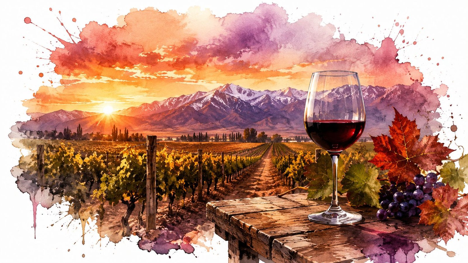 A glass of red wine on a wooden table overlooking a scenic vineyard at sunset near mountains.
