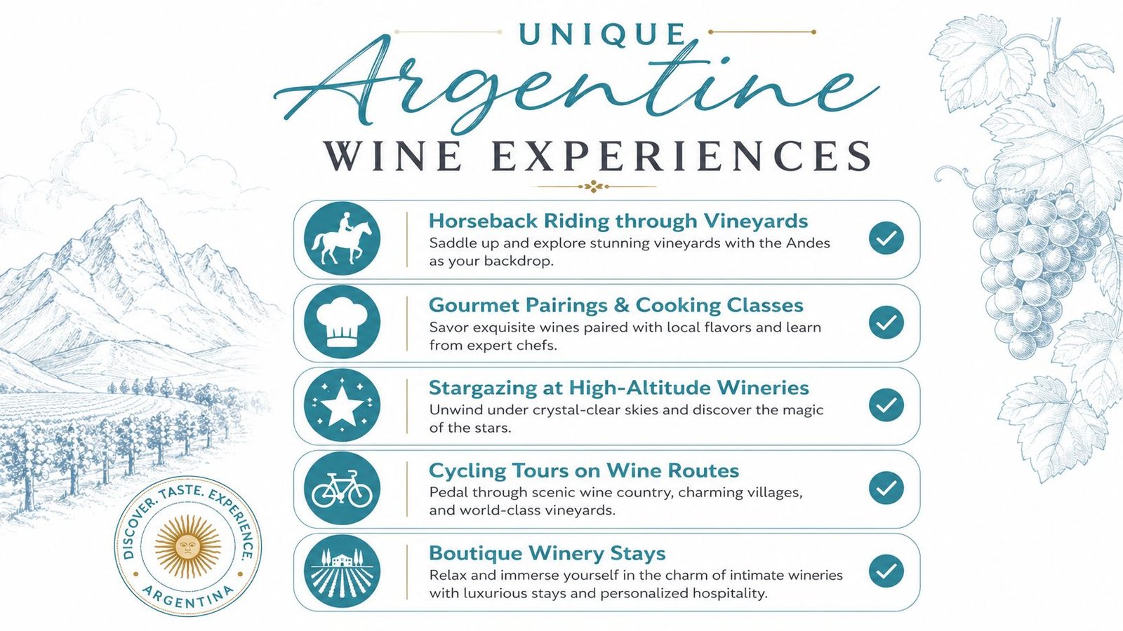 A travel infographic highlighting five unique wine experiences in Argentina featuring scenic mountain and vineyard illustrations.