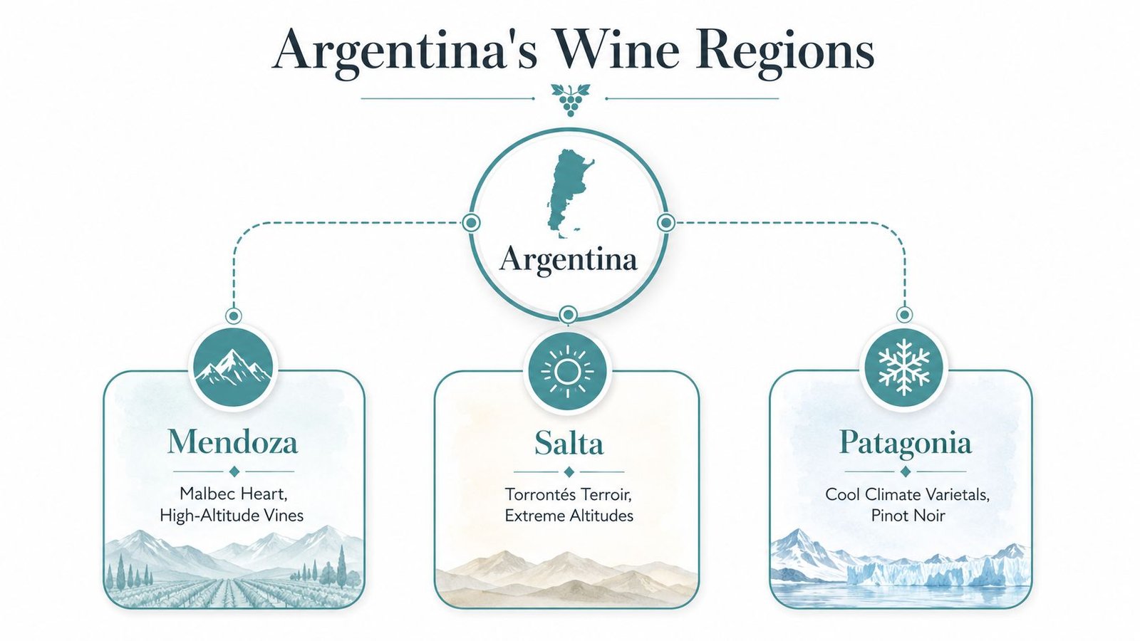 An infographic showing Argentina's wine regions, featuring Mendoza, Salta, and Patagonia with their distinct characteristics.